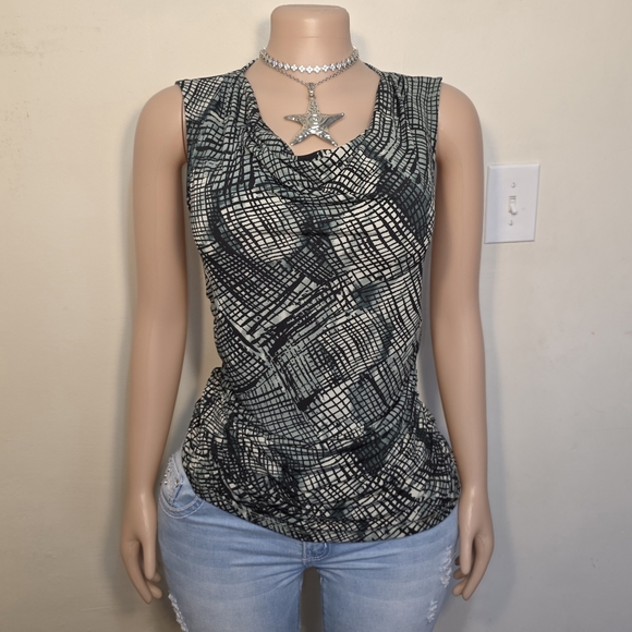 Tahari Tops - Tahari Black and Green Printed Sleeveless Cowl Neck Top